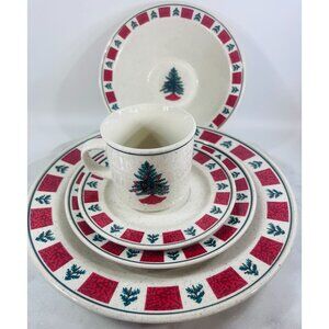 Vtg 5 pc Holiday Stoneware Christmas Tree Place Setting Red Green Dinnerware Set